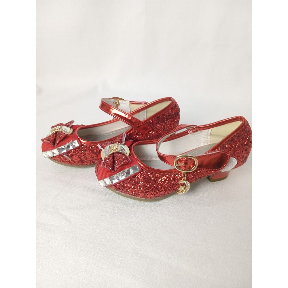 Jiadouwang Girls Red Glitter Mary Jane Dress Shoes Rhinestone US Toddler 7/EU 23